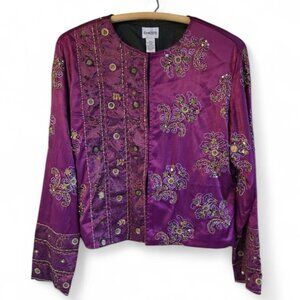 Chico's Plum Charmeuse Satin Heavily Beaded Jacket Womens Small